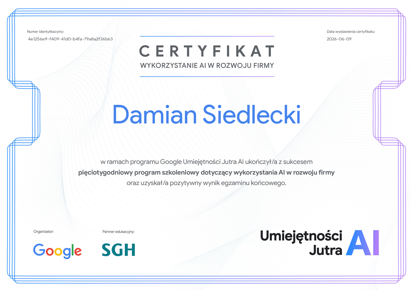 Certyfikat ukończenia Umiejętności Jutra 3.0 przez Damiana